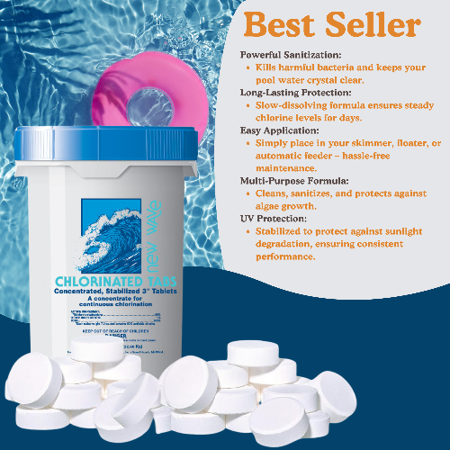 Chlorinated tabs for pool maintenance with product container and tablets on a pool water background.