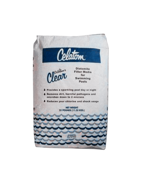 A 25lb industrial sack of Dicalite Celatom Diatomaceous Earth Filter Media for swimming pools, with blue and white packaging.