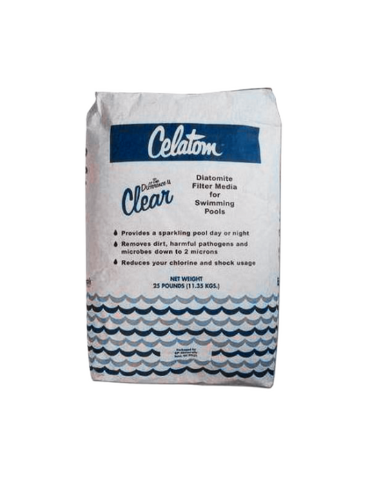 A 25lb industrial sack of Dicalite Celatom Diatomaceous Earth Filter Media for swimming pools, with blue and white packaging.