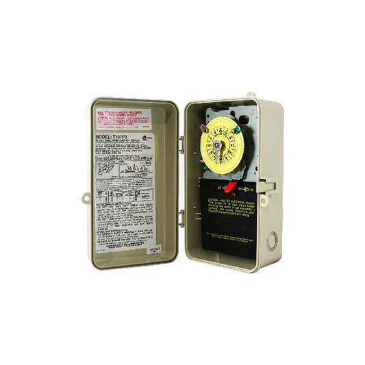Mechanical timer with open cover on a white background